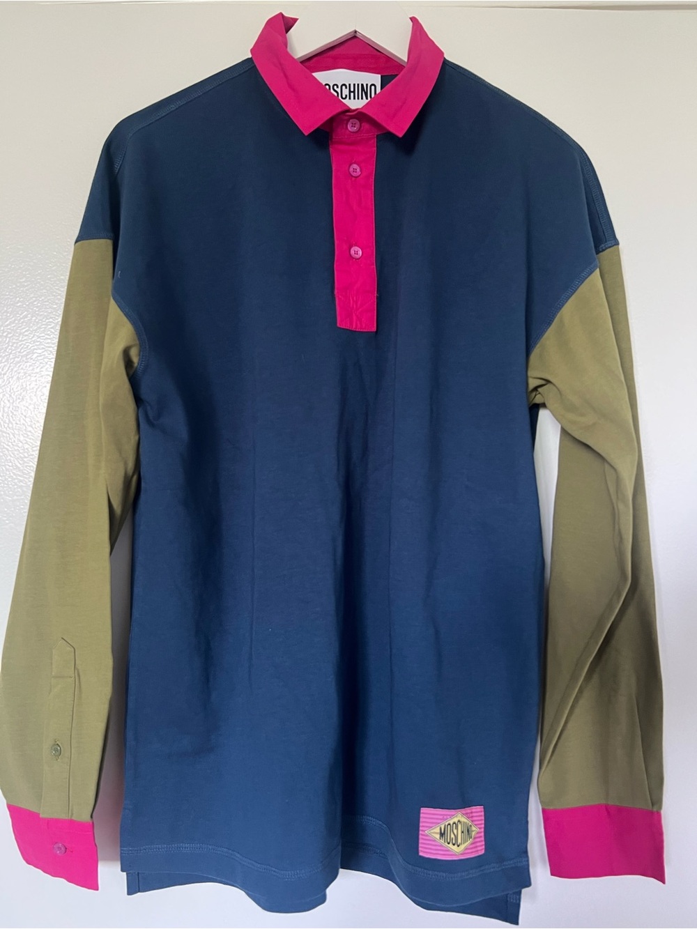 Moschino Navy, Olive & Hot Pink Colorblock Long Sleeve Polo Shirt | IT 46